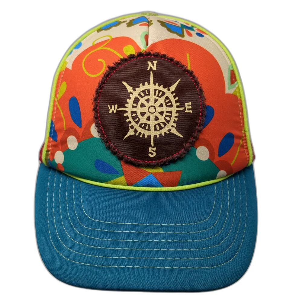 Natural Life Trucker Hat Orange OSFM Compass Patch Psychedelic Floral Mesh Cap